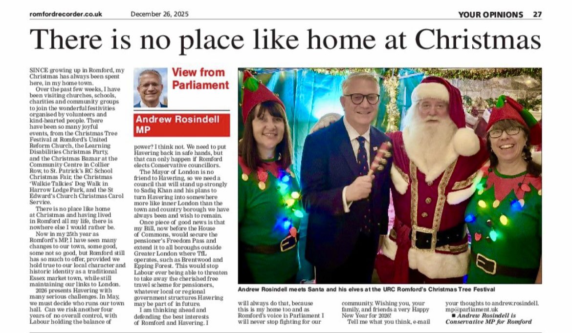 AndrewRosindell's tweet image. My latest column in the Christmas edition of the Romford Recorder is now published @RomfordRecorder 

This month, I talk about the wonderful Christmas spirit that has always existed in Romford and especially the churches, schools and community organisations that have welcomed me…