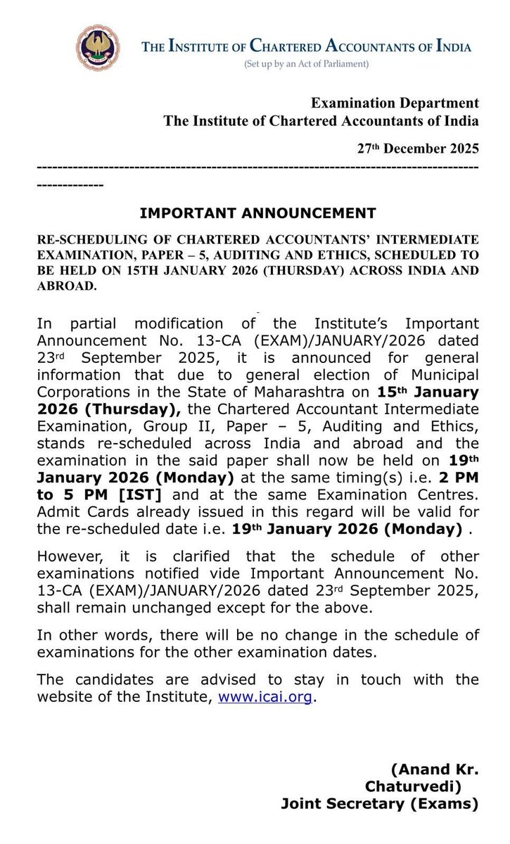 NikLimbasiya11's tweet photo. ICAI EXAMS ANNOUNCEMENT: Reschedulement of CA Inter Paper - 5 Auditing &amp; Ethics to 19th January 2026. https://t.co/Qe66S8M0NZ
