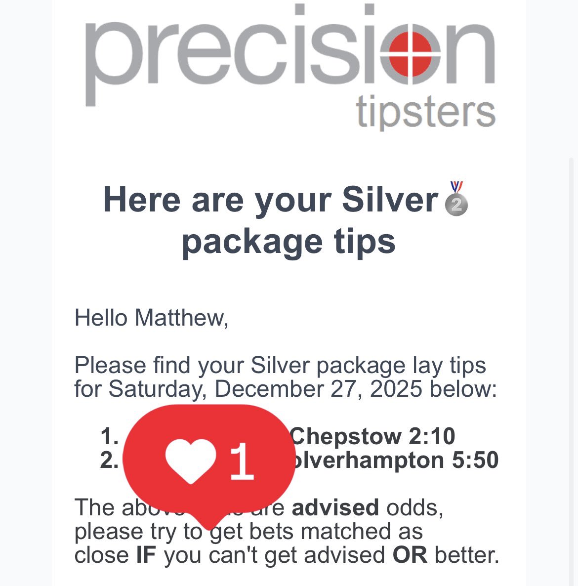 Precisiontips1's tweet image. Festive cards bring festive mistakes.
We’re happy to take advantage 👇

🏇 Wetherby 13:35, 14:45
🏇 Chepstow 14:10
🏇 Wolves 16:30, 17:50, 20:00

precisiontipsters.co.uk

#HorseRacing #LayBetting #BetSmarter #RacingTips #GamblingTwitter