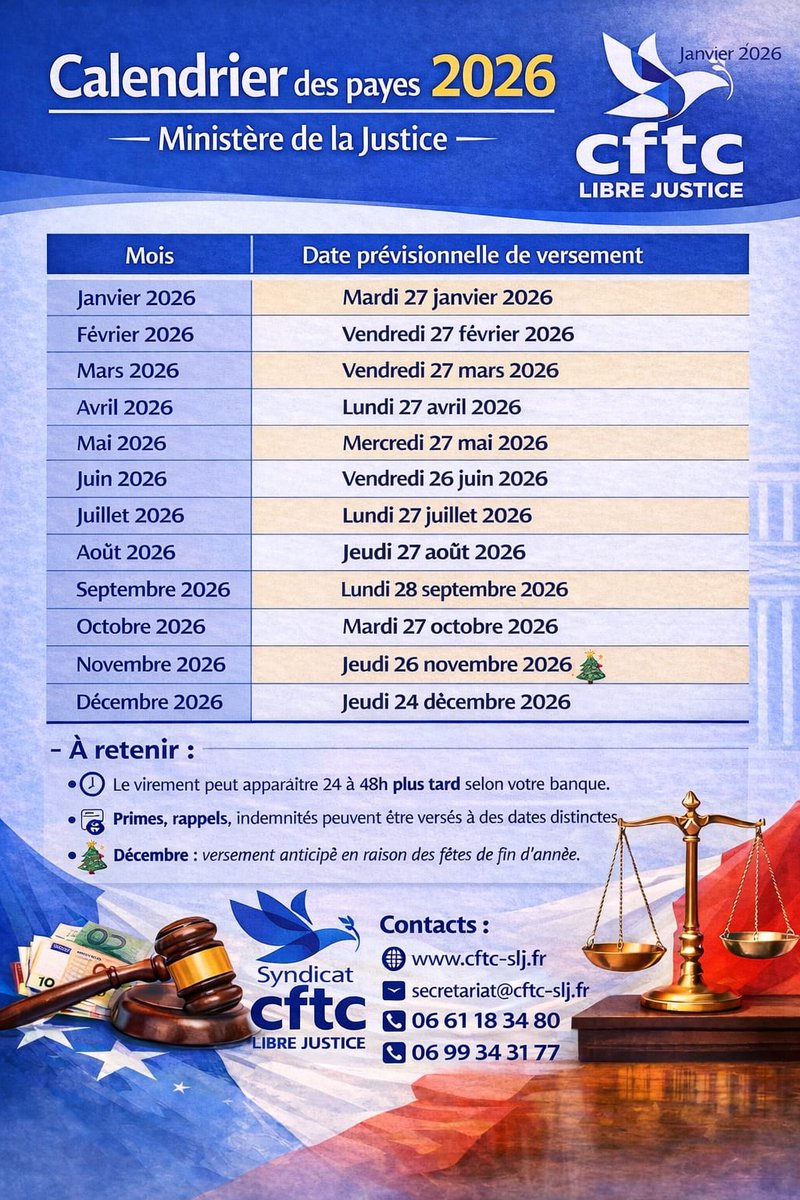 CFTCSLJ's tweet image. Calendrier des payes 2026