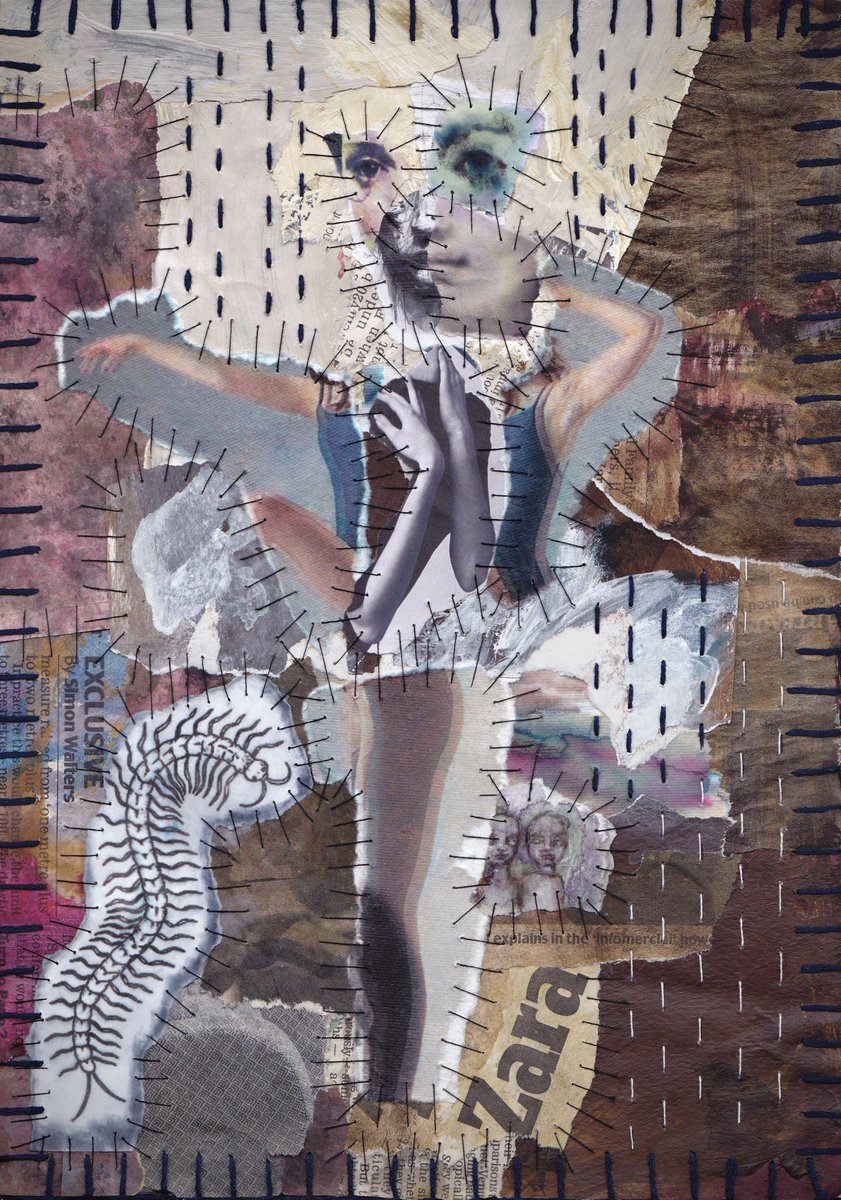 JoannaHartist's tweet image. “Zara” -26.12.2025 

.. 

#mixedmediacollage #painttextures #stitchingonpaper #experimentalart #juxtaposition #inkbleed #motionblurphotography #outsiderart #abstractfemaleportrait #paintcollage