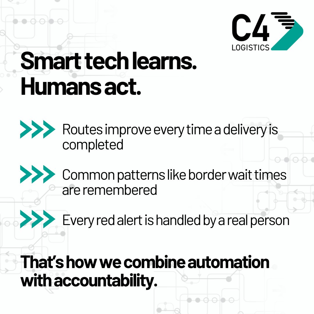 C4Logistics's tweet photo. When timing is critical, confidence matters.

At C4 Logistics, we don’t just track - we learn.
Our system predicts delivery times using live GPS, historical patterns, and AI-driven alerts.

You see what we see. In real time. No surprises.

#PredictiveLogistics #ETAPrecision https://t.co/4ZnlPIAgRA