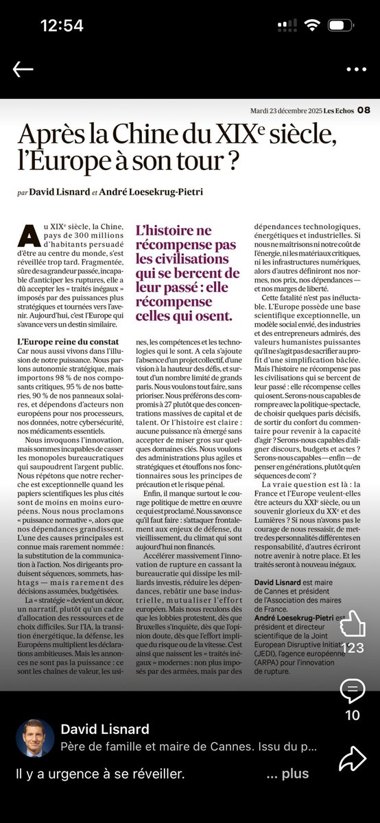 "🌟 David Lisnard incarne le leadership dont nous avons besoin ! Sa capacité d’anticipation et sa vision pragmatique des enjeux européens sont essentielles pour construire un avenir fort et durable. Avec lui à la tête de notre gouvernement, nous pouvons relever les défis de