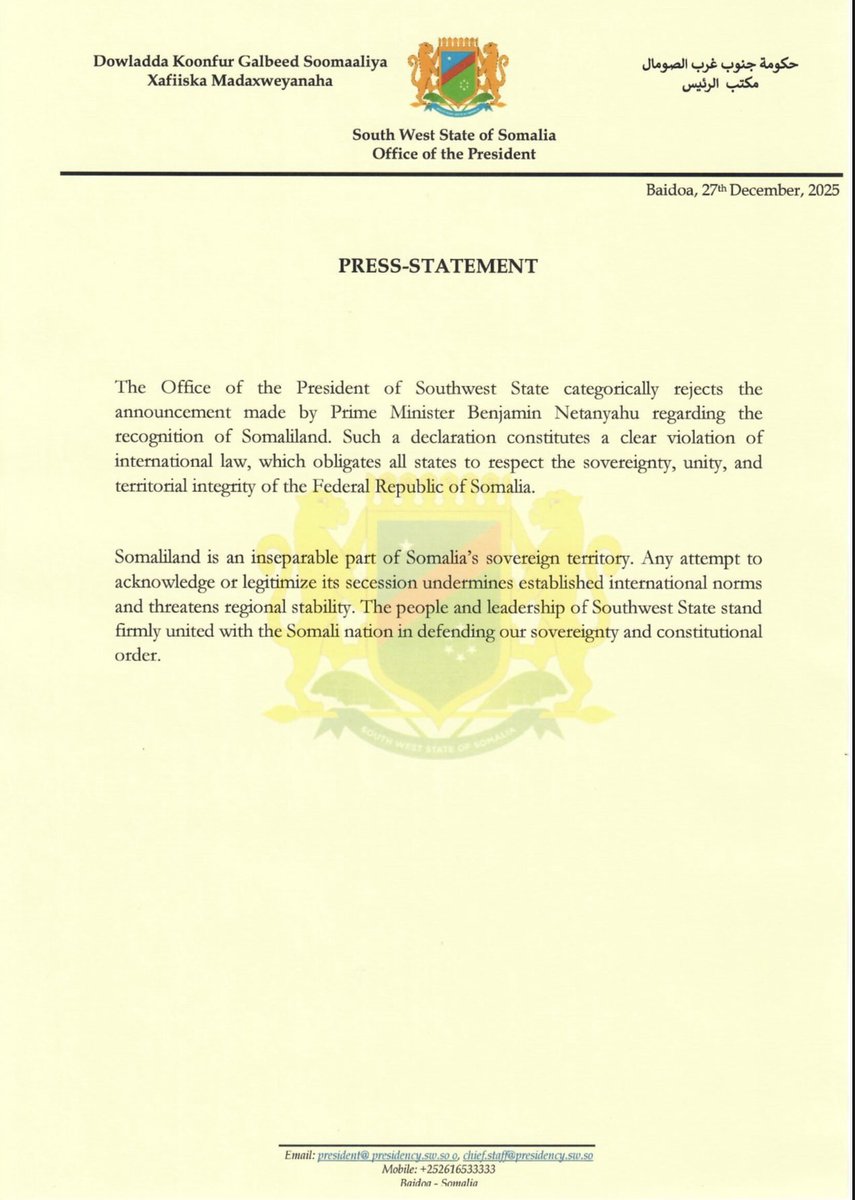 Laftagareen's tweet image. I firmly reject PM Netanyahu’s declaration recognizing Somaliland. This violates international law and threatens Somalia’s sovereignty and unity. We stand united with the Somali nation to defend our territorial integrity. 🇸🇴 #Somalia