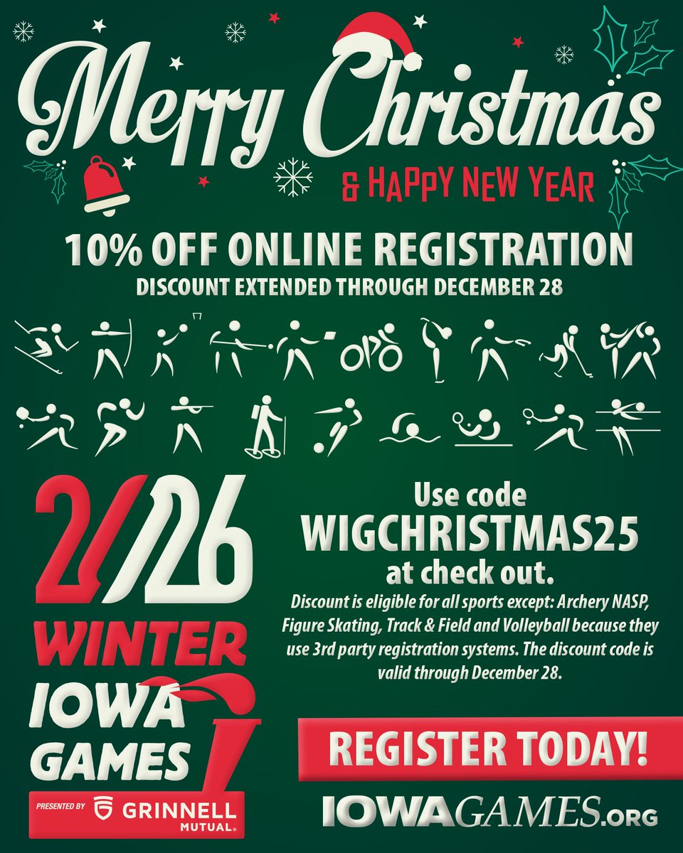 IowaGames's tweet image. Did you miss the 10% OFF Winter Iowa Games online registration? We've got you covered...you now have until the end of the day tomorrow (December 28) to get your discount at iowagames.org.

Restrictions apply - not all sports eligible for the discount