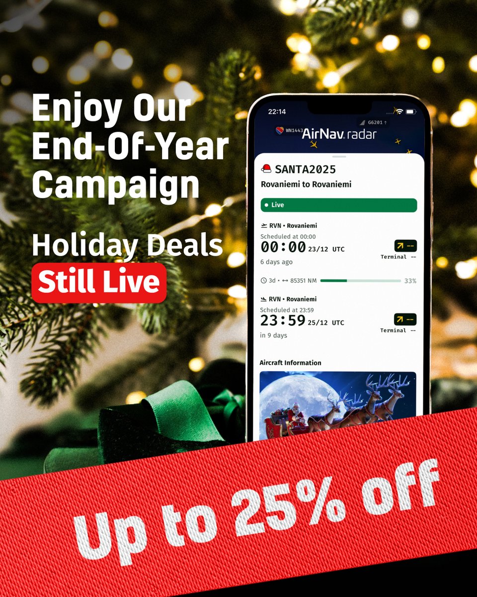 AirNavRadar's tweet image. 🎄 Holiday deals are still live.

 Our End-of-Year campaign continues with up to 25% off AirNav Radar plans.
⏳ Catch it before the holidays end: airnavradar.go.link/iJIQC 

#HolidayDeals #EndOfYear #AirNavRadar #AviationLovers #HolidaySeason