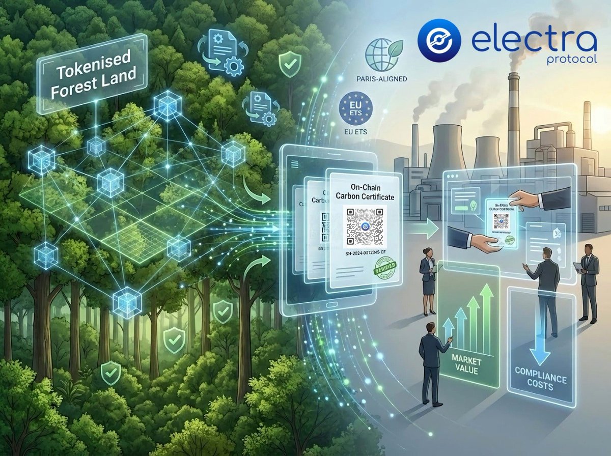 Land tokenisation is reshaping carbon markets.

Forests become verifiable, on-chain carbon assets traded globally.

With carbon markets approaching $1T in 2025,regulations like the EU ETS and Paris-aligned frameworks are driving demand.

How it works;
✅Forest land is tokenised
