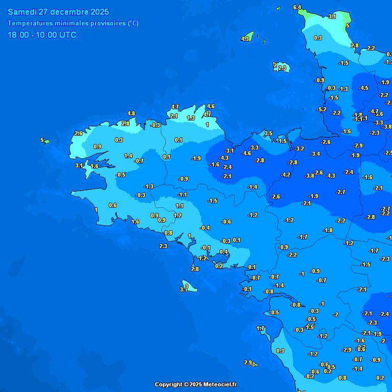 La nuit la plus froide en Bretagne 
Ce 27 décembre 2025 
- 4.6 C à Lamballe-Armor à 07h02
<a href="/iciarmorique/">ICI Armorique</a> <a href="/lachainemeteo/">La Chaîne Météo</a> <a href="/MeteoBretagne/">Météo Bretagne</a> <a href="/meteofrance/">Météo-France</a> <a href="/radio_bretagne5/">Bretagne 5</a> <a href="/ExtremeMeteo/">Extrême Météo</a> <a href="/meteomedia/">meteomedia</a> <a href="/LamballeArmor/">Lamballe-Armor</a>