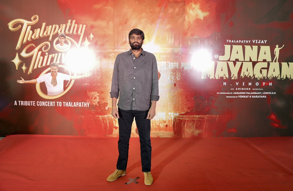 KvnProductions's tweet photo. Our #JanaNayagan Director #HVinoth has arrived at the #JanaNayaganAudioLaunch ♥️

#JanaNayaganPongal
#JanaNayaganFromJan9

#Thalapathy @actorvijay @KvnProductions @hegdepooja @anirudhofficial @thedeol @_mamithabaiju @Jagadishbliss @LohithNK01 @RamVJ2412 @TSeries https://t.co/ReP7wuQvTj