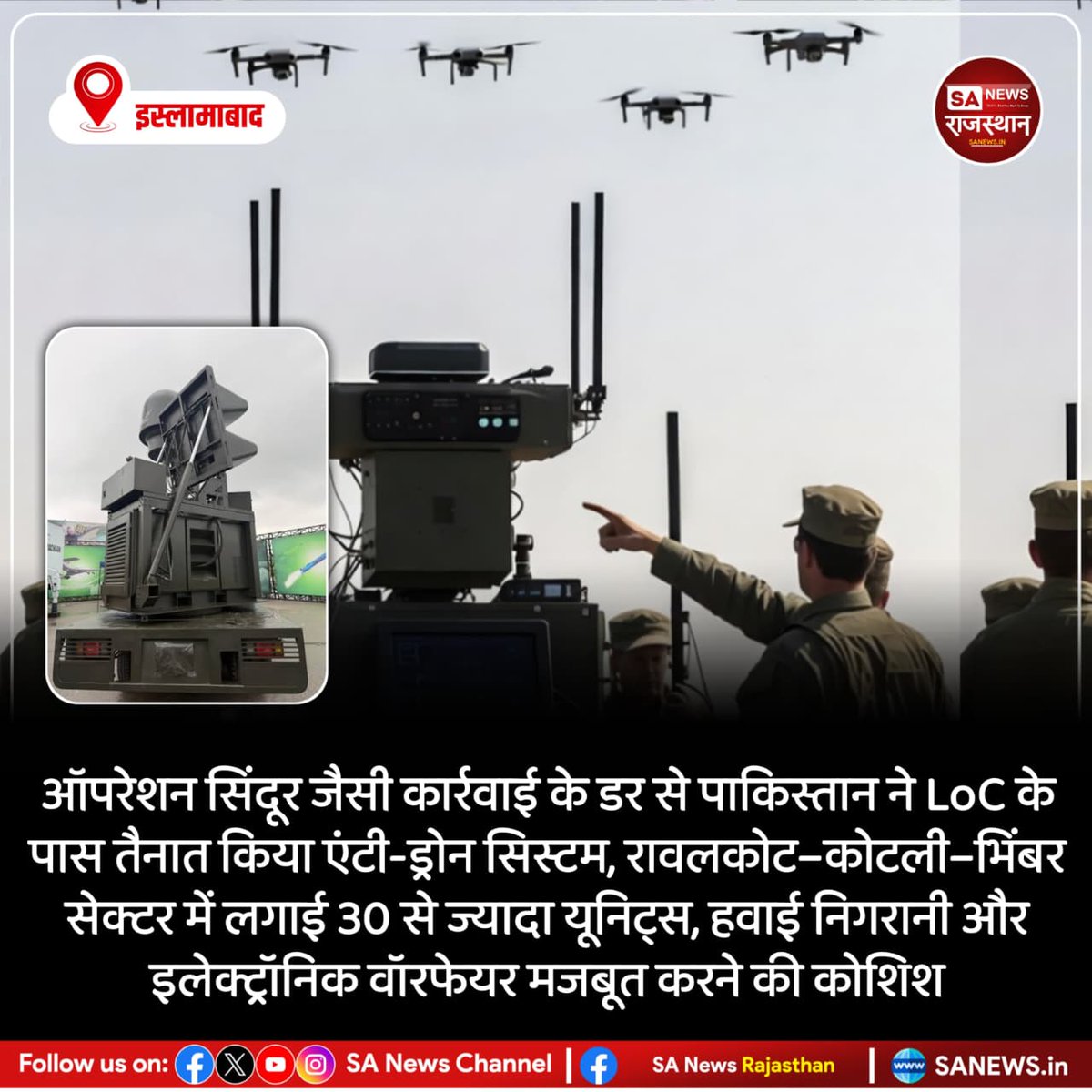 SANewsRajasthan's tweet photo. News-इस्लामाबाद ऑपरेशन सिंदूर जैसी कार्रवाई के डर से पाकिस्तान ने LoC के पास तैनात किया एंटी-ड्रोन सिस्टम, रावलकोट–कोटली–भिंबर सेक्टर में लगाई 30 से ज्यादा यूनिट्स, हवाई निगरानी और इलेक्ट्रॉनिक वॉरफेयर मजबूत करने की कोशिश
#OperationSindoor #PakistanArmy #LoCSecurity https://t.co/lgEjWeaeLQ