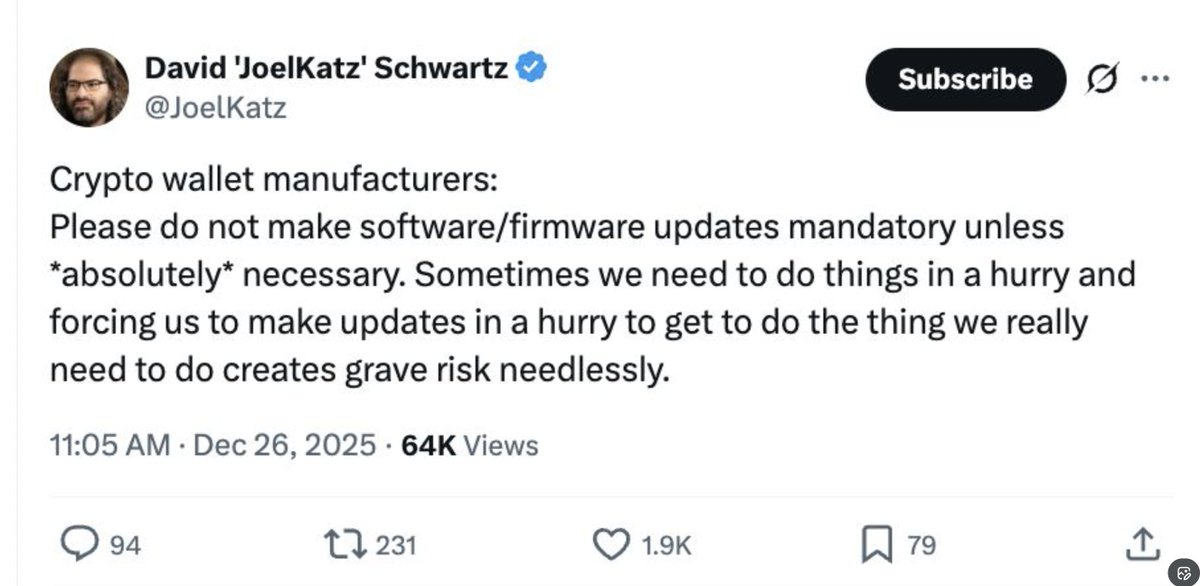 🚨 Le CTO de Ripple, David “JoelKatz” Schwartz, met en garde les créateurs de wallets crypto contre les mises à jour firmware obligatoires.

Selon lui, forcer les utilisateurs à agir dans l’urgence peut les pousser à commettre des erreurs critiques et mettre leurs fonds en