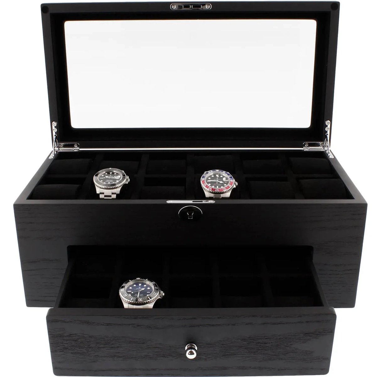 aevitas_uk's tweet image. Elevate your collection with our black oak veneer box, holding up to 22 watches plus a drawer for accessories. Crafted for serious enthusiasts, it ensures your timepieces are protected and accessible. #WatchStorage #LuxuryOrganization aevitas-uk.co.uk/products/premi…