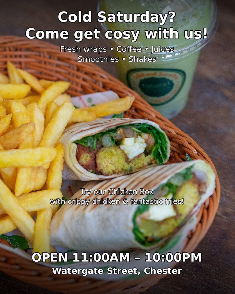 FalafelXpressUK's tweet photo. 🥶 Cold Saturday? Come get cosy with us ☕️✨

☕️ Fresh coffee
🧃 Freshly made juices
🥤 Smoothies &amp; shakes
🥙 Wraps: falafel or crispy chicken
🍗 Chicken Box + fantastic fries 😍

🕚 11:00am – 10:00pm
📍 Watergate Street, Chester

#FalafelXpress #ChesterEats #ChesterFood https://t.co/qs2FMEGcEB