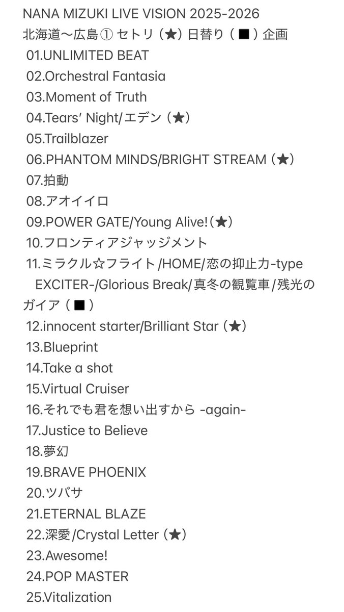 12/27 NANA MIZUKI LIVE VISION 2025-2026 VIEW06広島①セトリ ※2枚目