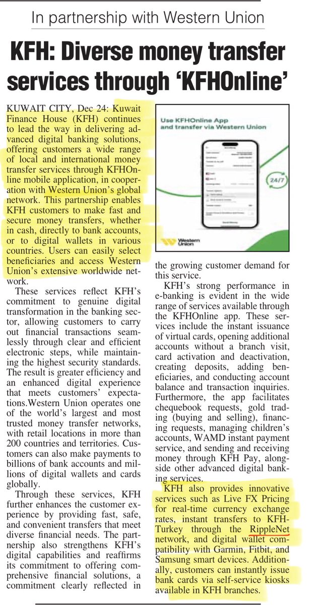SMQKEDQG's tweet photo. ‼️ DECEMBER 2025 ARAB TIMES CONFIRMS RIPPLENET INTEGRATION INTO KUWAIT’S FX AND CROSS-BORDER PAYMENTS INFRASTRUCTURE‼️

Read closely.🙇‍♂️

“KH also provides innovative services such as Live FX Pricing for real-time currency exchange rates, instant transfers to KFH-Turkey through the RippleNet network, and digital wallet compatibility with Garmin, Fitbit, and Samsung smart devices. Additionally, customers can instantly issue bank cards via self-service kiosks available in KFH branches.”✅

Documented.📝👇