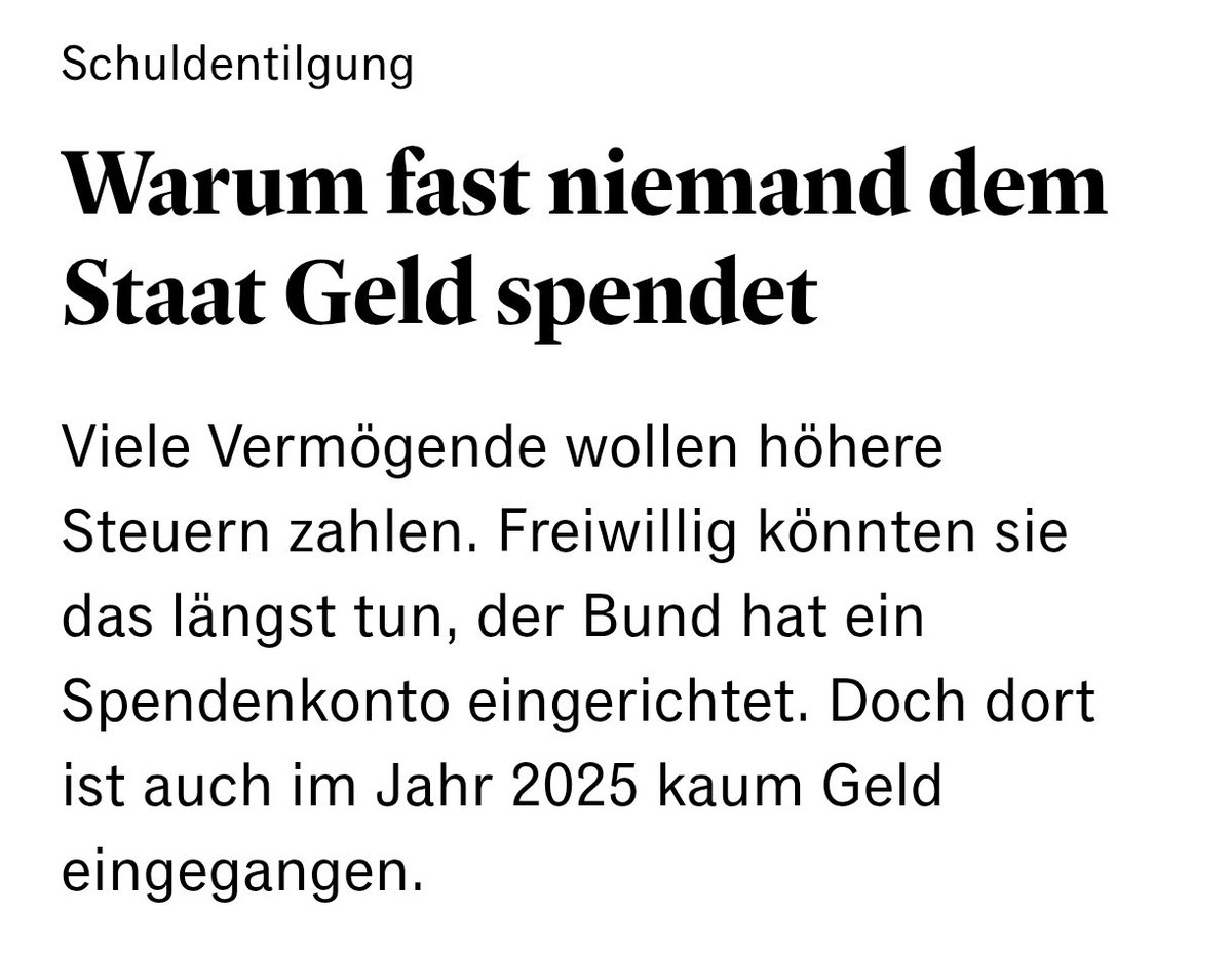 Warum sollte irgendjemand dem Staat freiwillig Geld spenden?

Er nimmt es uns bereits zwangsweise – über Steuern und Inflation.

Und jetzt wird gebettelt?

122.000 € sind 2025 eingegangen. Das reicht zwar grad mal für die Friseurbesuche vom Bundeskanzler, aber ist in meinen