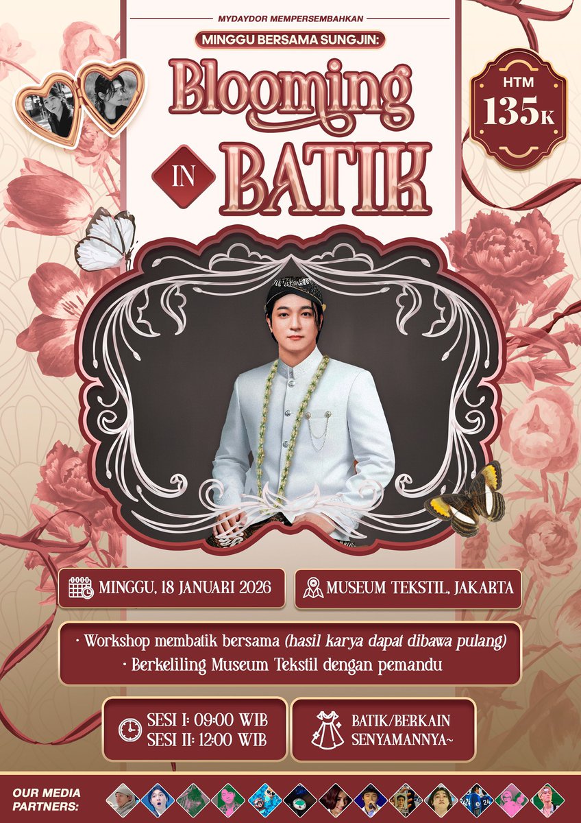 sshxttygame's tweet image. ✨MINGGU BERSAMA SUNGJIN; BLOOMING IN BATIK by @mydaydor ✨

Ruang hangat untuk berbagi cerita &amp;amp; merayakan kebersamaan dalam balutan budaya🍀

🗓 Minggu, 18/01/2026
📍 Museum Tekstil
📝 Registrasi dibuka 28/12/2025 (Jam 19.00)

Mari berbagi tawa &amp;amp; cerita. Sampai bertemu, nggih🤍