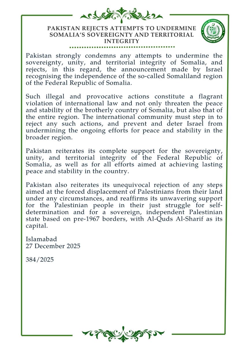 ForeignOfficePk's tweet image. 🔊PR No. 3️⃣8️⃣4️⃣/2️⃣0️⃣2️⃣5️⃣

Pakistan Rejects Attempts to Undermine Somalia's Sovereignty and Territorial Integrity 

mofa.gov.pk/press-releases…
🔗⬇️