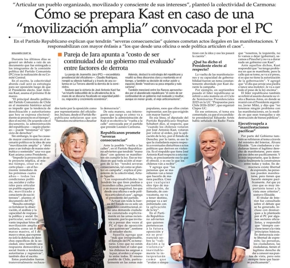 Cuando el PC habla de movilización amplia, lo que la gente escucha es lo mismo de siempre: presión, desorden y chantaje. El Presidente electo Kast fue elegido para devolverle a Chile la paz, el orden y el respeto a la ley. Y eso es exactamente lo que vamos a hacer. ¿Y usted, está