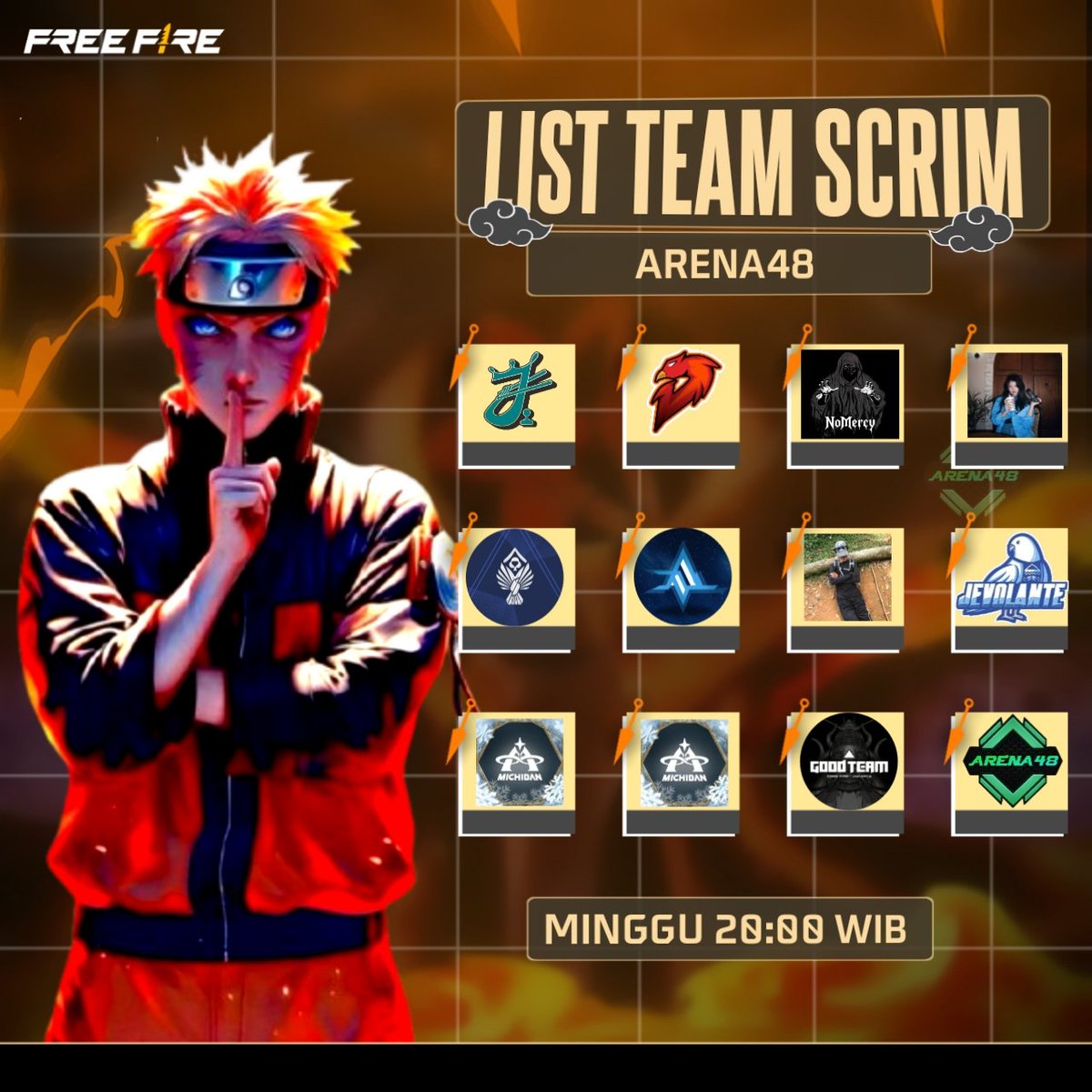 🔥 LIST TEAM SCRIM – ARENA48 🔥

Saya umumkan daftar tim yang akan bertanding dalam Scrim Free Fire ARENA48.
Terima kasih kepada seluruh tim yang telah mendaftar dan siap menunjukkan kemampuan terbaiknya di arena!

Sampai jumpa di pertempuran🔥