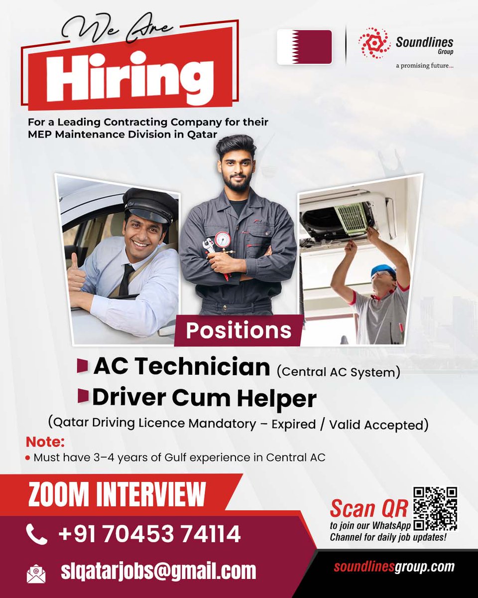 We Are Hiring

For a Leading Contracting Company for their MEP Maintenance Division in Qatar

📌 To apply kindly send your resume to slqatarjobs@gmail.com

📌 Positions:

✔️ AC Technician (Central AC System)

✔️ Driver Cum Helper (Qatar Driving Licence Mandatory - Expired / Valid