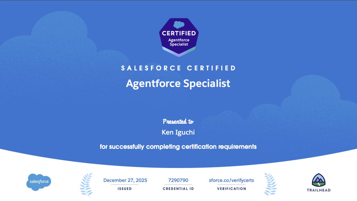 IguchiKen_UE's tweet photo. めっちゃ久しぶりの資格でした。

#Salesforce https://t.co/x2FxES5jGB