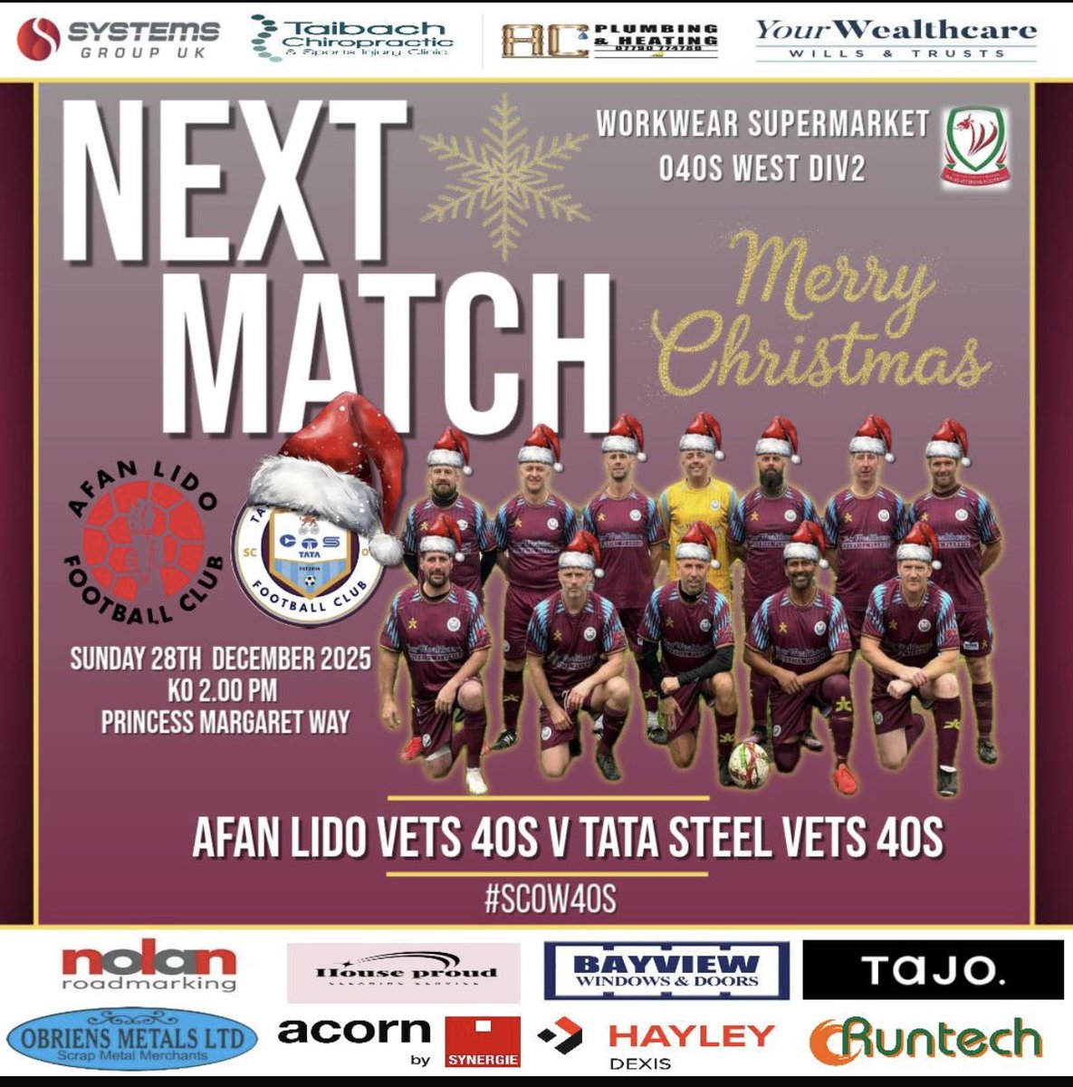 Afan Lido Vets 🆚 TATA Steel Vets

📅 Sunday 28th December
⏰ 2pm KO
📍 Princess Margaret Way

A great chance to catch up with old faces, enjoy some football, and burn off a few mince pies. Support welcome – come along and soak up the festive atmosphere!

🎅⚽ See you there!