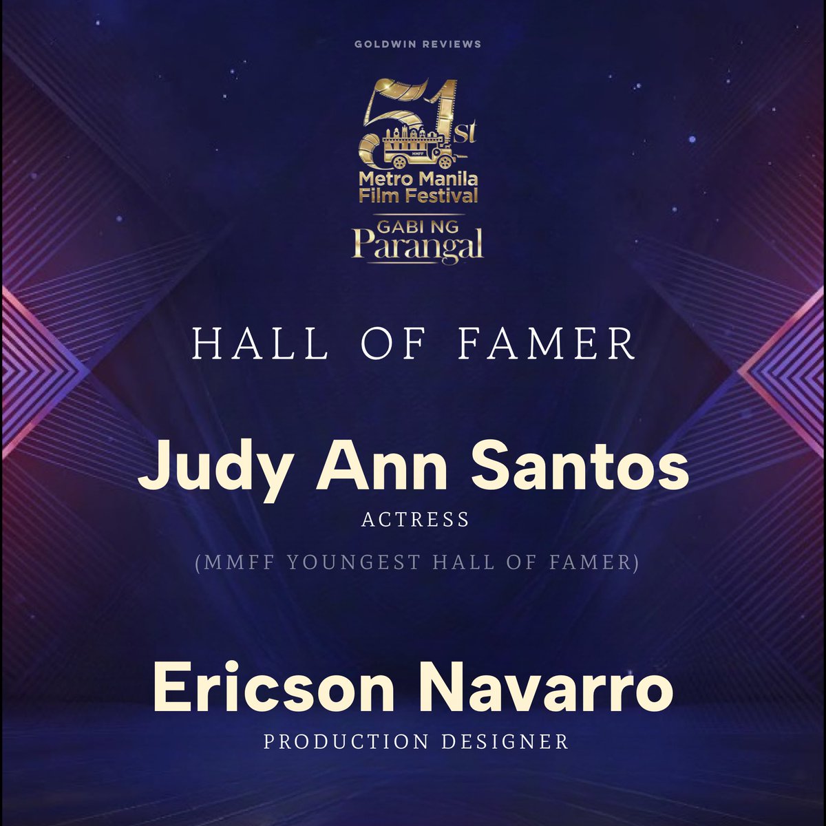 GoldwinReviews's tweet photo. HALL OF FAMER AWARDEES (accepted 3 or more recognition from the MMFF)

🏆 Judy Ann Santos
ACTRESS
(MMFF Youngest Hall of Famer)

🏆 Ericson Navarro
PRODUCTION DESIGNER

#MMFF51GabiNgParangal https://t.co/zPPuPhrtXs