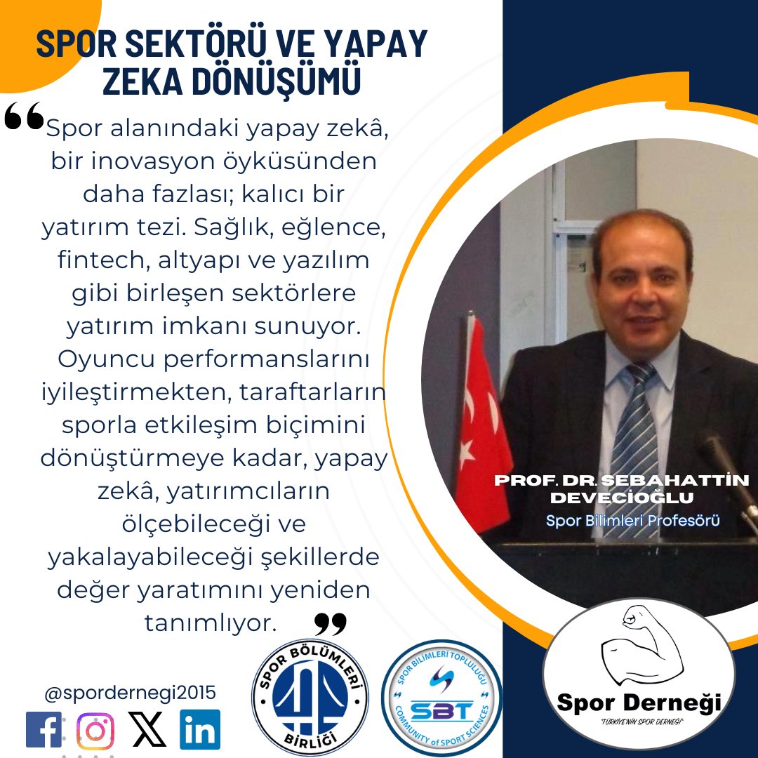 Sporda Yapay Zeka Komisyonumuz ve sektörün ileri gelen akademisyenleri gelişmeleri takip etmeye devam ediyor. Spor sektöründeki yapay zeka dönüşümüyle ilgili açıklama yapan Prof.Dr. Sebahattin Devecioğlu konuyla ilgili gelişmeleri şu şekilde ifade etmiştir
spordernegi.org.tr