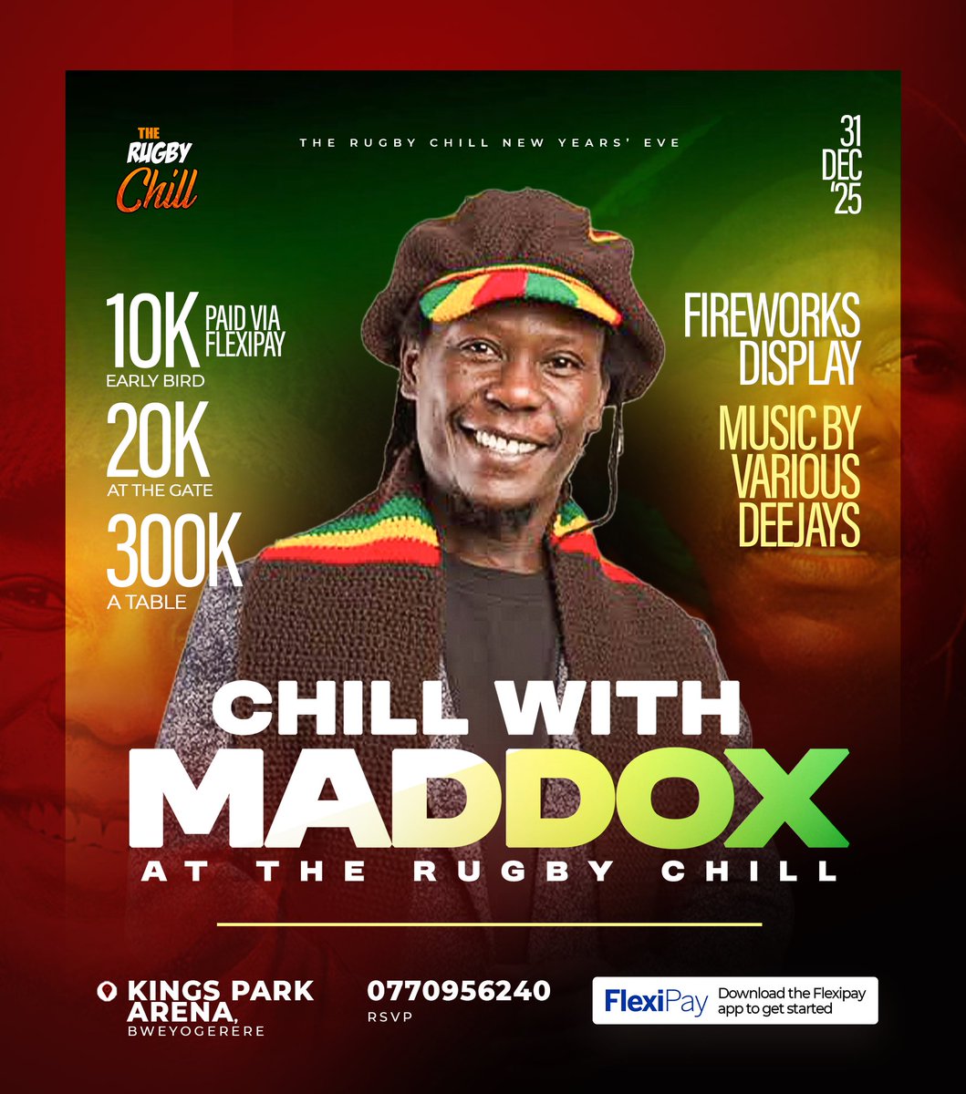 TheRugbyChill's tweet photo. Have you got your ticket already??
This year has been full of endless vibes …Why not cap it off with the Legend Himself  MADDOX SEMATIMBA 🥁🙌🏾🙌🏾
🐐🐐
Use the flexipay app or ussd to get your ticket now!!! https://t.co/T7dv34Bkf9