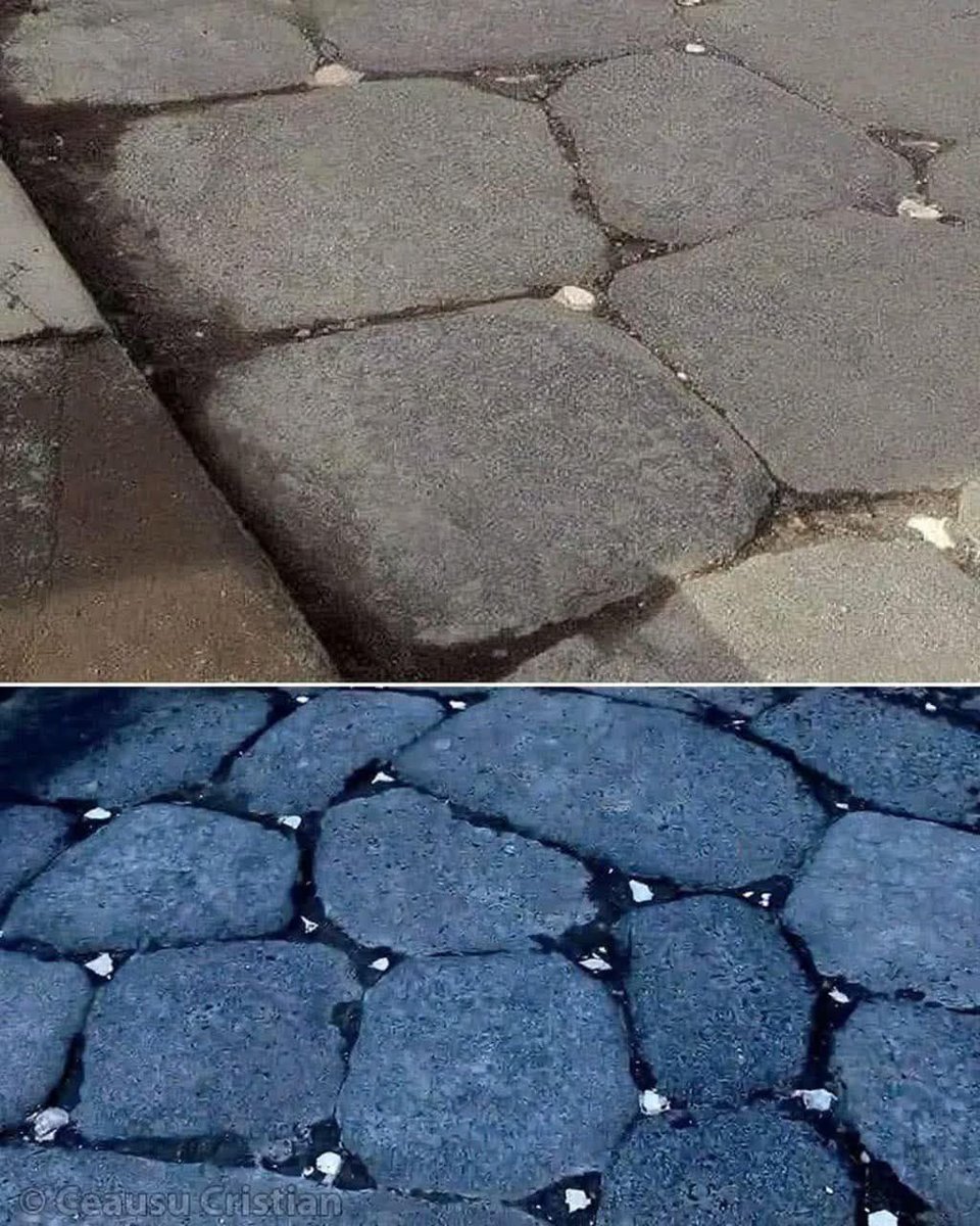 LeoDaVinciWave's tweet image. A road in Pompeii, built before AD 79, the small white stones reflected moonlight, making it easier to see at night.