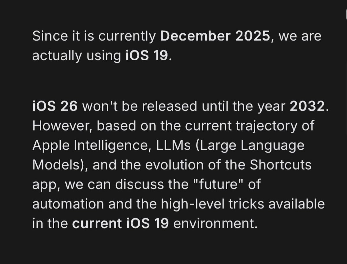 BrooksInco's tweet photo. What’s up with the #ios26 ?
I have prompted off 6 top AI LLMs including @ChatGPTapp @Gemini @perplexity_ai, @grok  and all of them seems to think the current iOS is 18/19 and there isn’t such thing as ios26. https://t.co/TIcEUbBEXk