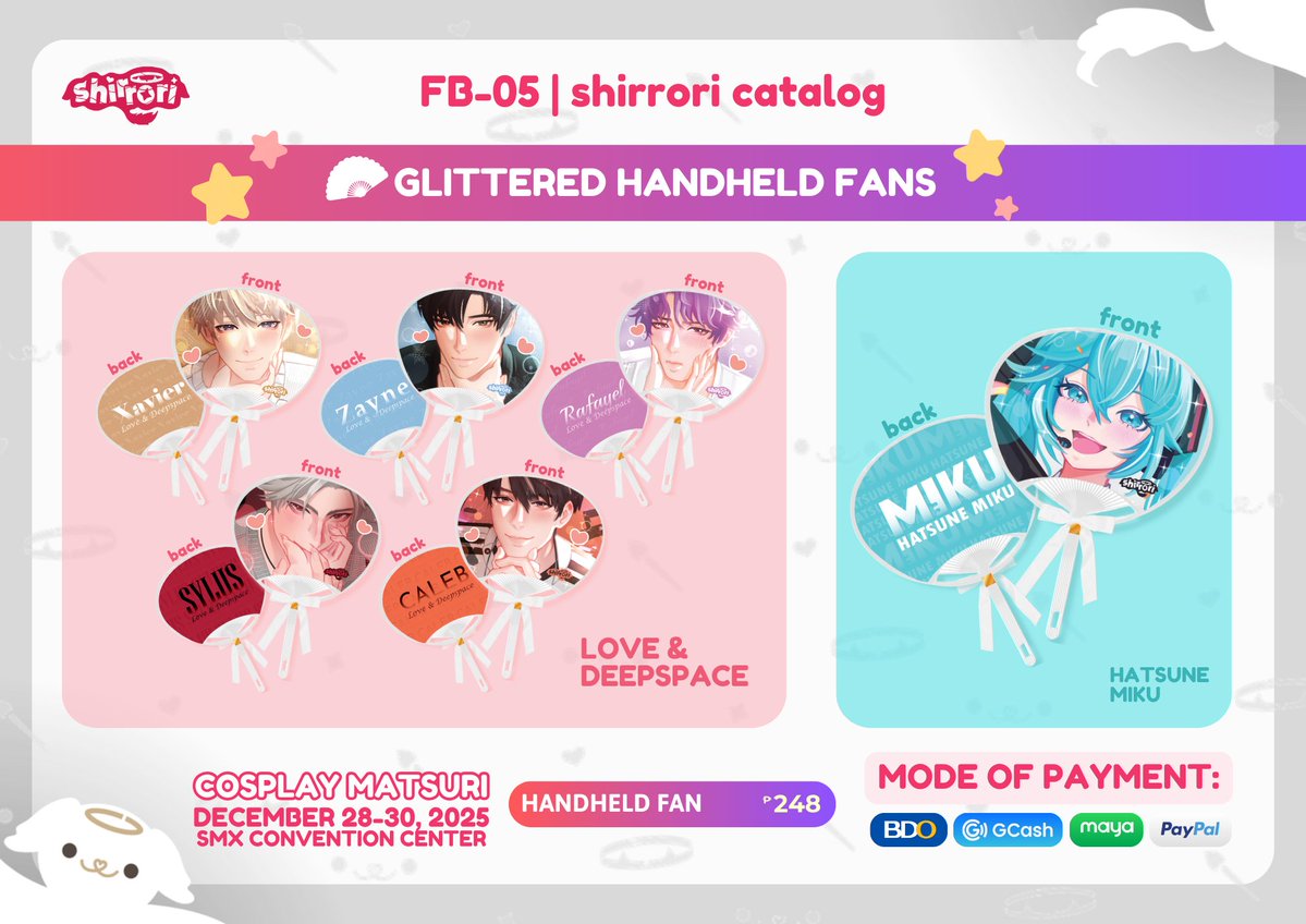 shirrori's tweet image. [RTs Appreciated!! 🥹🫶]

Got sick for a bit but here's my:
Merch Catalog for #CosplayMatsuri2025 ~^^

📌𝗙𝗔𝗡𝗙𝗔𝗜𝗥 𝗕𝗢𝗢𝗧𝗛 𝗙𝗣-𝟬5

❤ Art Prints
❤ Fidget CD Keychains
❤ Handheld Fans

++𝗠𝗢𝗥𝗘 𝗠𝗘𝗥𝗖𝗛 𝗕𝗘𝗟𝗢𝗪⤵
#FanFairAtCosplayMatsuri2025 #CosMatsuri2025