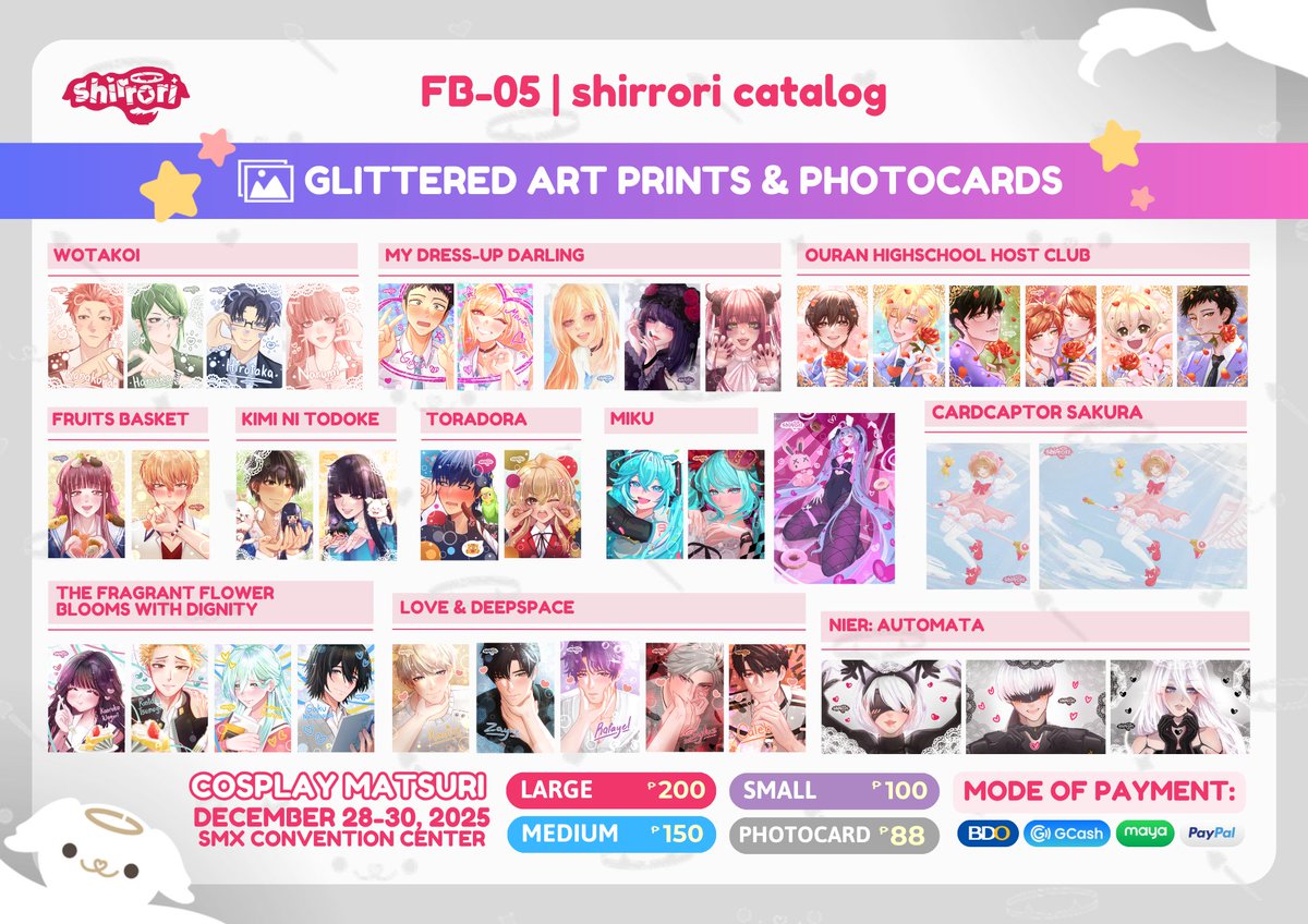 shirrori's tweet image. [RTs Appreciated!! 🥹🫶]

Got sick for a bit but here's my:
Merch Catalog for #CosplayMatsuri2025 ~^^

📌𝗙𝗔𝗡𝗙𝗔𝗜𝗥 𝗕𝗢𝗢𝗧𝗛 𝗙𝗣-𝟬5

❤ Art Prints
❤ Fidget CD Keychains
❤ Handheld Fans

++𝗠𝗢𝗥𝗘 𝗠𝗘𝗥𝗖𝗛 𝗕𝗘𝗟𝗢𝗪⤵
#FanFairAtCosplayMatsuri2025 #CosMatsuri2025