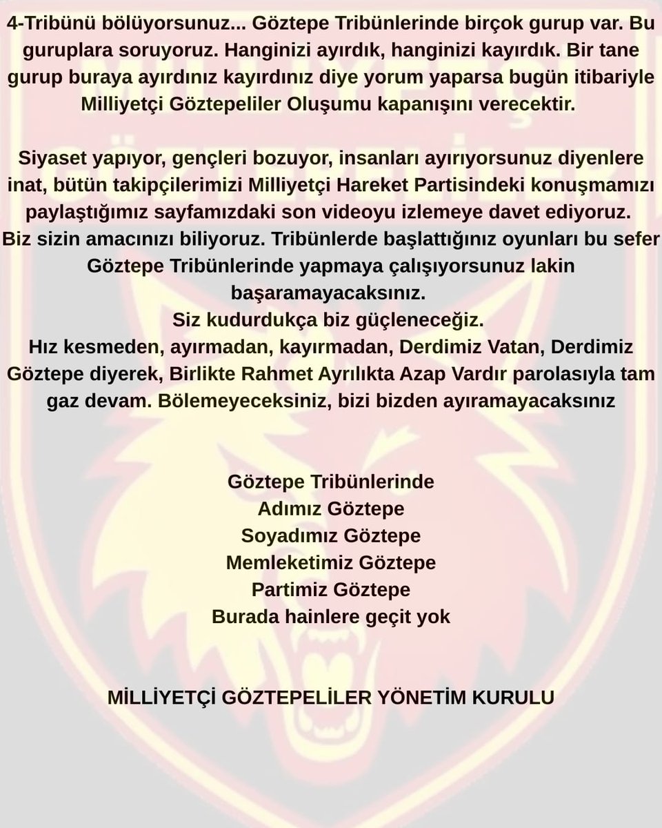 KAMUOYU'NA DUYURUMUZDUR
Oyunlara ve tahriklere gelmeyeceğiz. Göztepe Tribünü tek bir vücuttur. Milliyetçi Göztepeliler bu vücudun bir parçasıdır. 
Derdimiz Vatan, Derdimiz Göztepe
Birlikte Rahmet Ayrılıkta Azap Vardır 
#Milliyetçigöztepeliler
#Göztepe
#MilliyetçiTürkiye