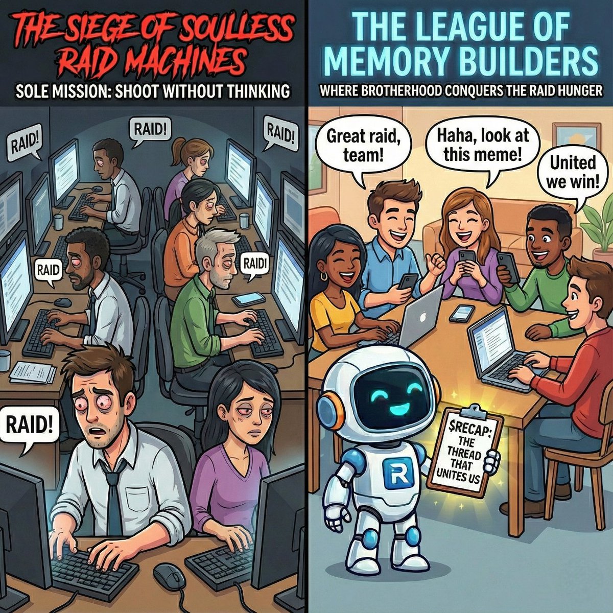 Are your members a community... or just Raid Bots? 🤖❌

Stop the "Autopilot." Chats with zero soul and endless "GO RAID" commands aren't tribes—they’re factories. Real retention comes from bonding, not just working.

$RECAP changes the dynamic. It instantly catches everyone up