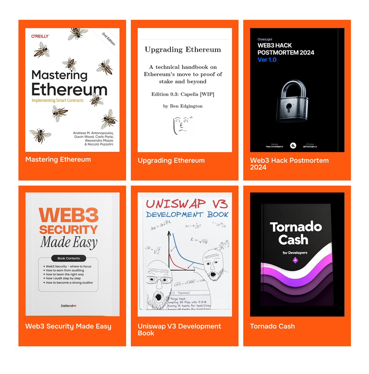 6 books I recommend to every auditor:

• Mastering Ethereum
• Uniswap V3 Development
• Upgrading Ethereum
• Chainlight. Web3 Hacks
• Web3 Security made easy
• Tornado cash book

It's literally must have read