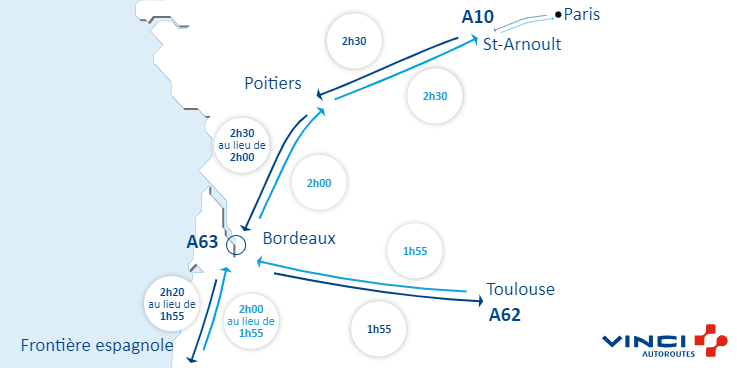 #VINCIAutoroutes vous informe sur vos conditions de circulation, pour #BienVoyager. #Infotrafic à 17h00 ⏱️ Vos temps de parcours sur <a href="/A10Trafic/">Autoroute A10</a>, <a href="/A62Trafic/">Autoroute A62</a> et <a href="/A63Trafic/">Autoroute A63</a>. #A62