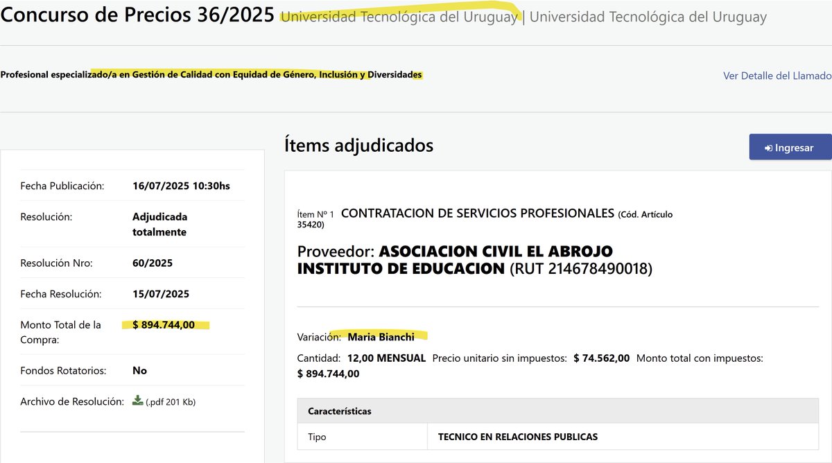 UTU: Los URUGUAYOS pagamos a Maria Bianchi  $ 894.744 por SERVICIO ANUAL , ya que es especializada en Gestión de Calidad con Equidad de Género, Inclusión y Diversidades.