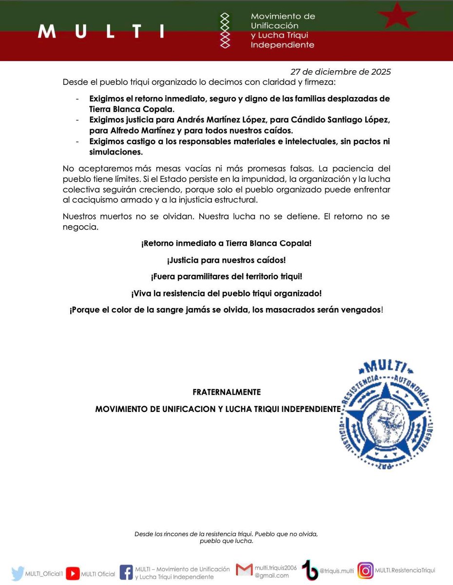 #Comunicado | A 5 años del homicidio de #AndrésMartinez en #TierraBlanca #Copala y el inicio del #DesplazamientoForzado de 144 familias. 

¡Seguimos exigiendo #justicia para nuestros caídos y cárcel para los #caciques y #paramilitares!
<a href="/CIDH/">CIDH - IACHR</a>  <a href="/ZonaRoja_Oaxaca/">Zona Roja Oaxaca</a>  <a href="/cdhzloficial/">Centro de Derechos Humanos Zeferino Ladrillero AC</a>