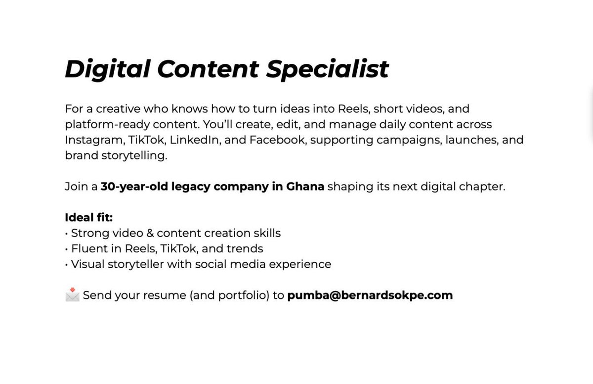 If you’re looking to start 2026 with a new job in marketing,I’m consulting for a 30 year old legacy company in Ghana &amp; they’re hiring for the below roles.

- Marketing Manager 
- Brand Manager
- Digital &amp; Content Specialist 

Send your resume to pumba@bernardsokpe.com

REPOST
