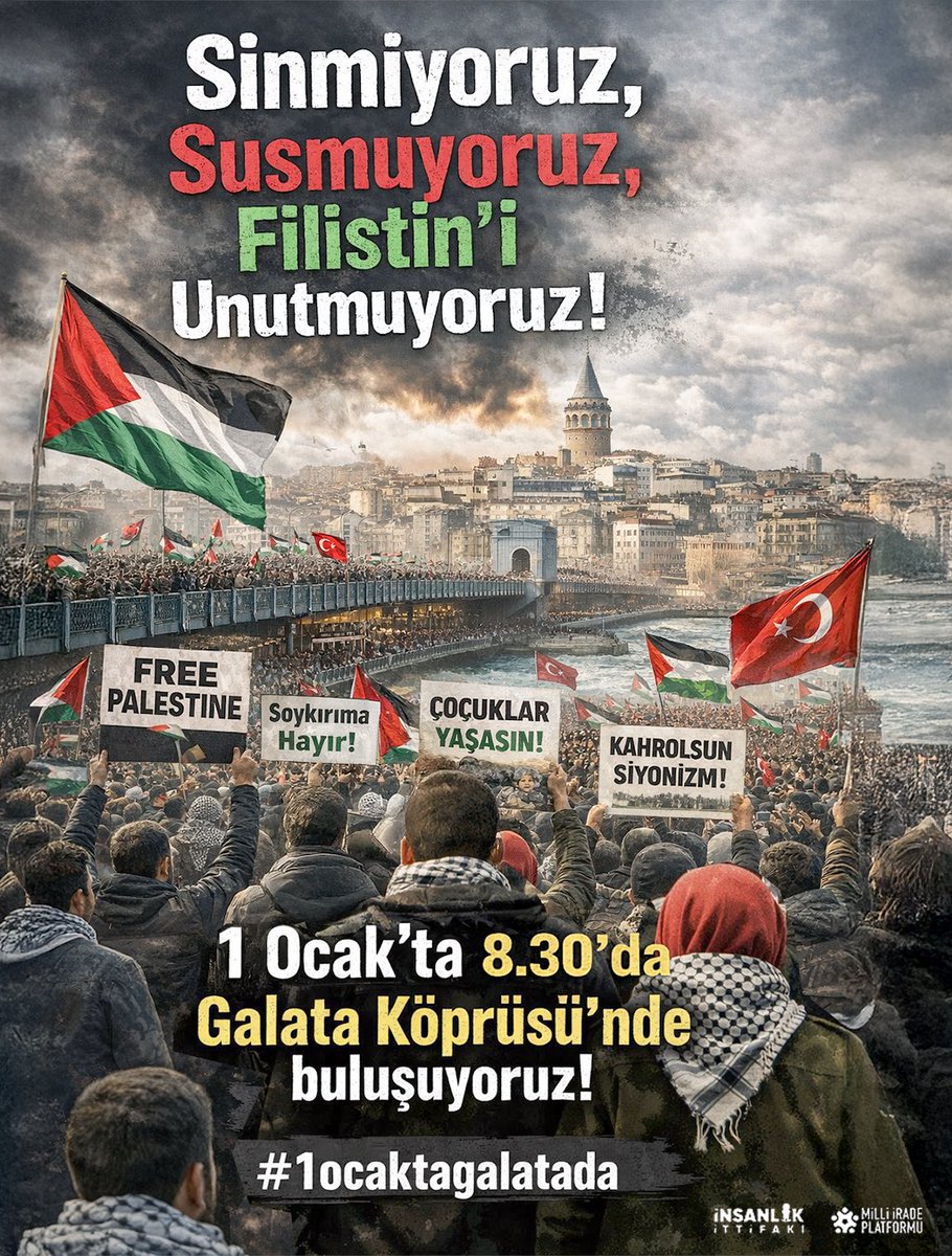 Sinmiyoruz, susmuyoruz, Filistin’i unutmuyoruz! Galata Köprüsü’nde buluşuyoruz! #1ocaktagalatada

📍 Galata Köprüsü 🗓 1 Ocak 2026 ⏰ 08.30