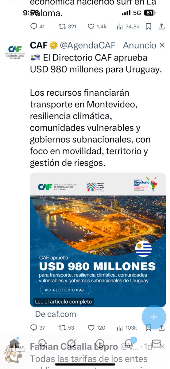 PALO A PIQUE
Represa q regaría más de 12000 has de arroz entrará en este crédito
O será solo para túnel de 18 de Julio en Mdeo