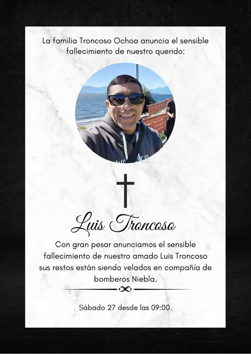 NOTA NECROLÓGICA : Falleció Luis Troncoso primo Politico de nuestro compañero Cipriano Jaramillo . Sus restos mortales están siendo velando en la CIA. de Bomberos de Niebla. FIPASUR expresa su más sincero pésame a la familia Troncoso Ochoa y amigos que de él fueron. #valdiviacl