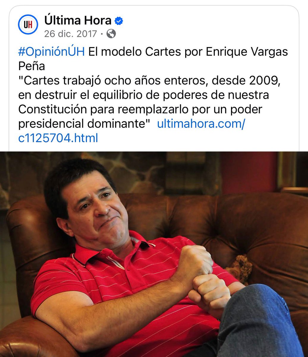 El oráculo del quincho, en 2017, (9 años) escribía que :"Cartes trabajó durante 8 años en destruir el equilibrio de poderes de nuestra Constitución para reemplazarlo por un poder presidencial dominante"
El autor de la frase, con rastros serios de ser un "arrepentite", lo