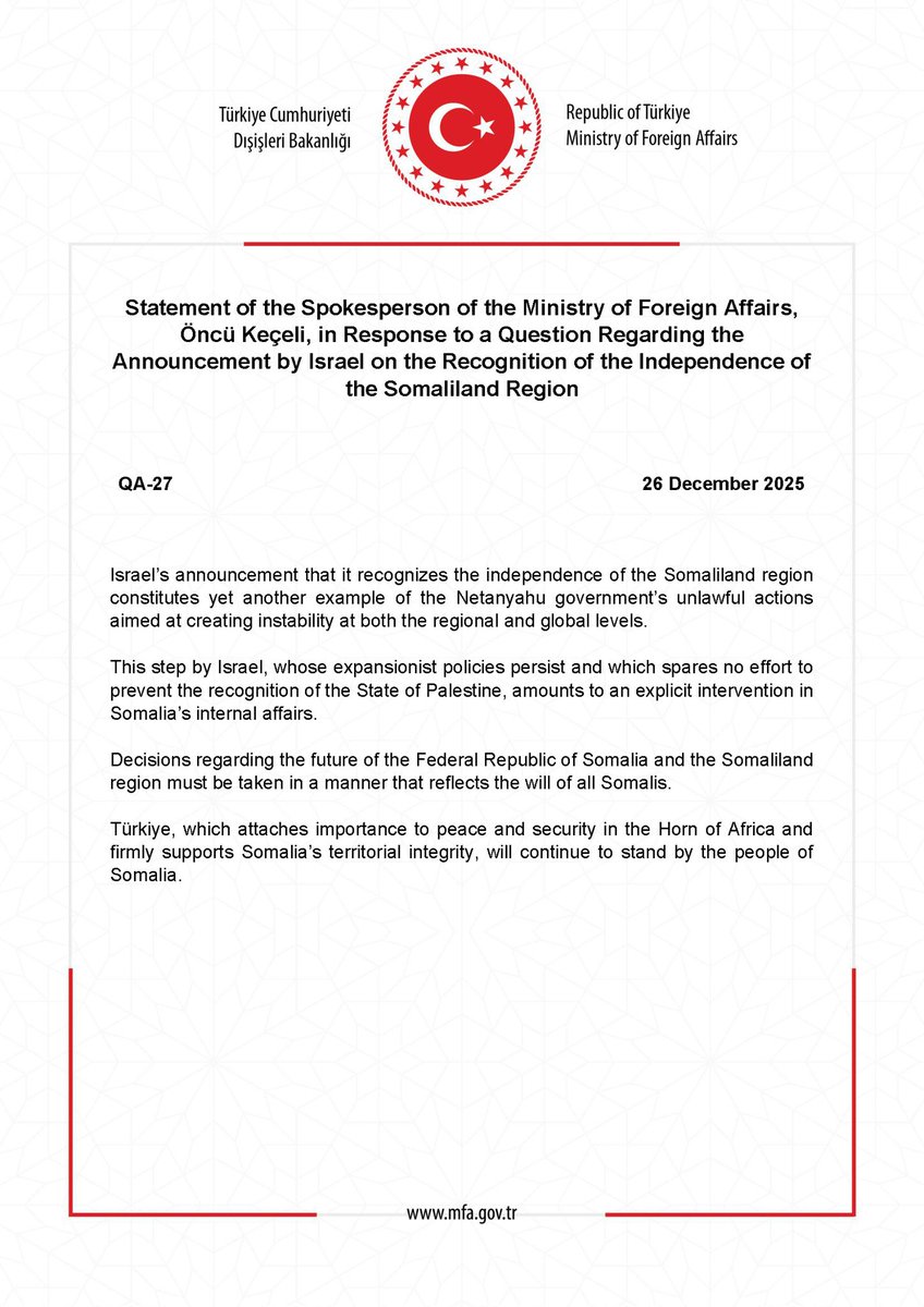 When one foreign state controls a country’s ports, airspace, resources, and trains its institutions in its own language, that’s not partnership. It’s influence. Turkey’s opposition to Somaliland recognition is about preserving that influence. That's not standing with somalis.