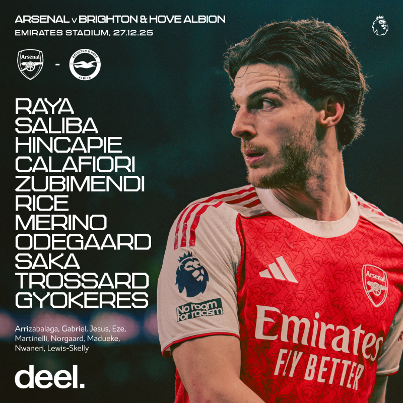 Arsenal's tweet photo. 🔴 𝗧𝗘𝗔𝗠𝙉𝙀𝙒𝙎 ⚪️

🔙 Hincapie returns from injury
🪄 Trossard on the left
😤 Gyokeres through the middle

Let's get this done, Gunners ✊

🤝 Presented by @deel