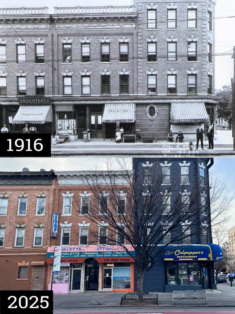 PLGHC_'s tweet image. #ThenAndNow  On Nostrand Ave just south of Lincoln Rd: Shops &amp;amp; Dwellings by Philemon Tillion (for P. Polatchek &amp;amp; F. Franzes), featuring pressed metal cornices and buff brick façades, and yellow brick quoins.