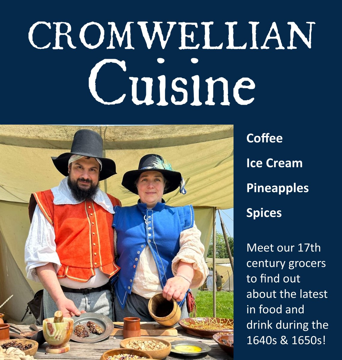 Join us on 10 January to meet our 17th century grocers and discover the new foods that became fashionable in the 1650s, including Ice Cream, Pineapples and Coffee! 
More details at: cromwellmuseum.org/events/cromwel…