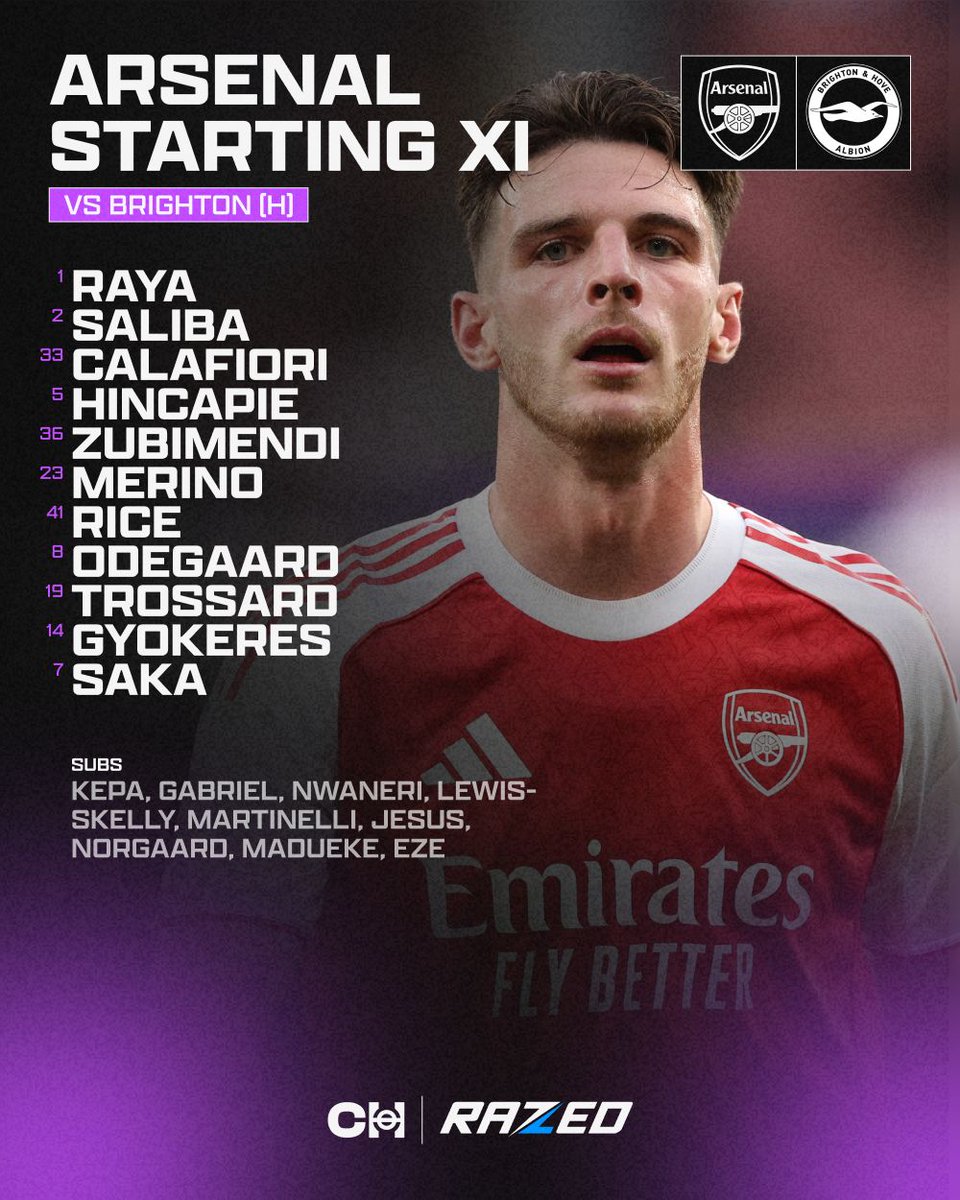 TikiTakaConnor's tweet image. Here’s Arsenal’s starting XI against Brighton. 👇